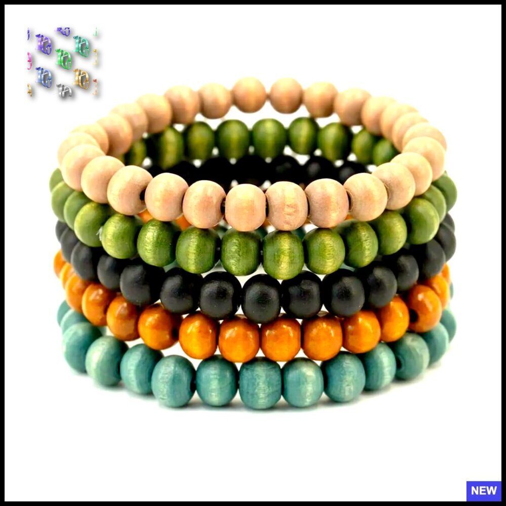 Wooden Bead Bracelet Set Bohemian Vintage Elastic Wrap Bangle Stackable